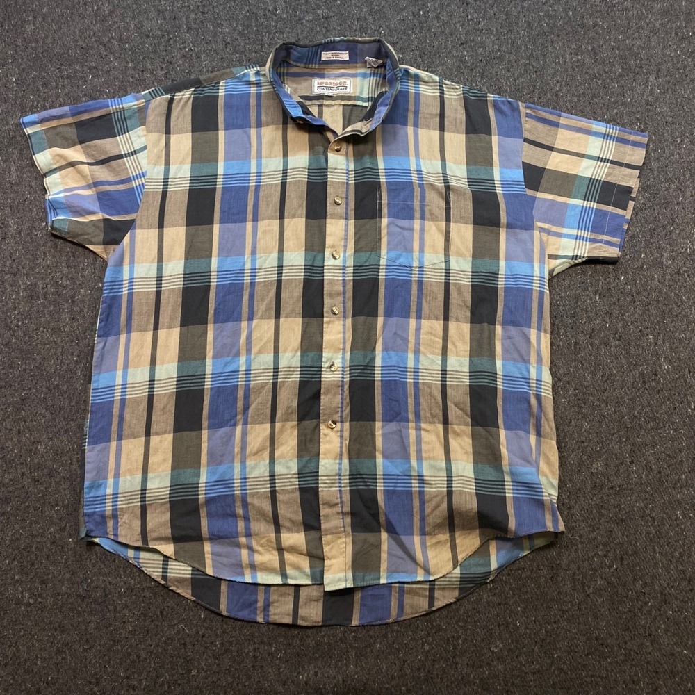 McGregor Contemporary Retro Men XL Blue Tan Plaid Short Sleeve Button Down Shirt